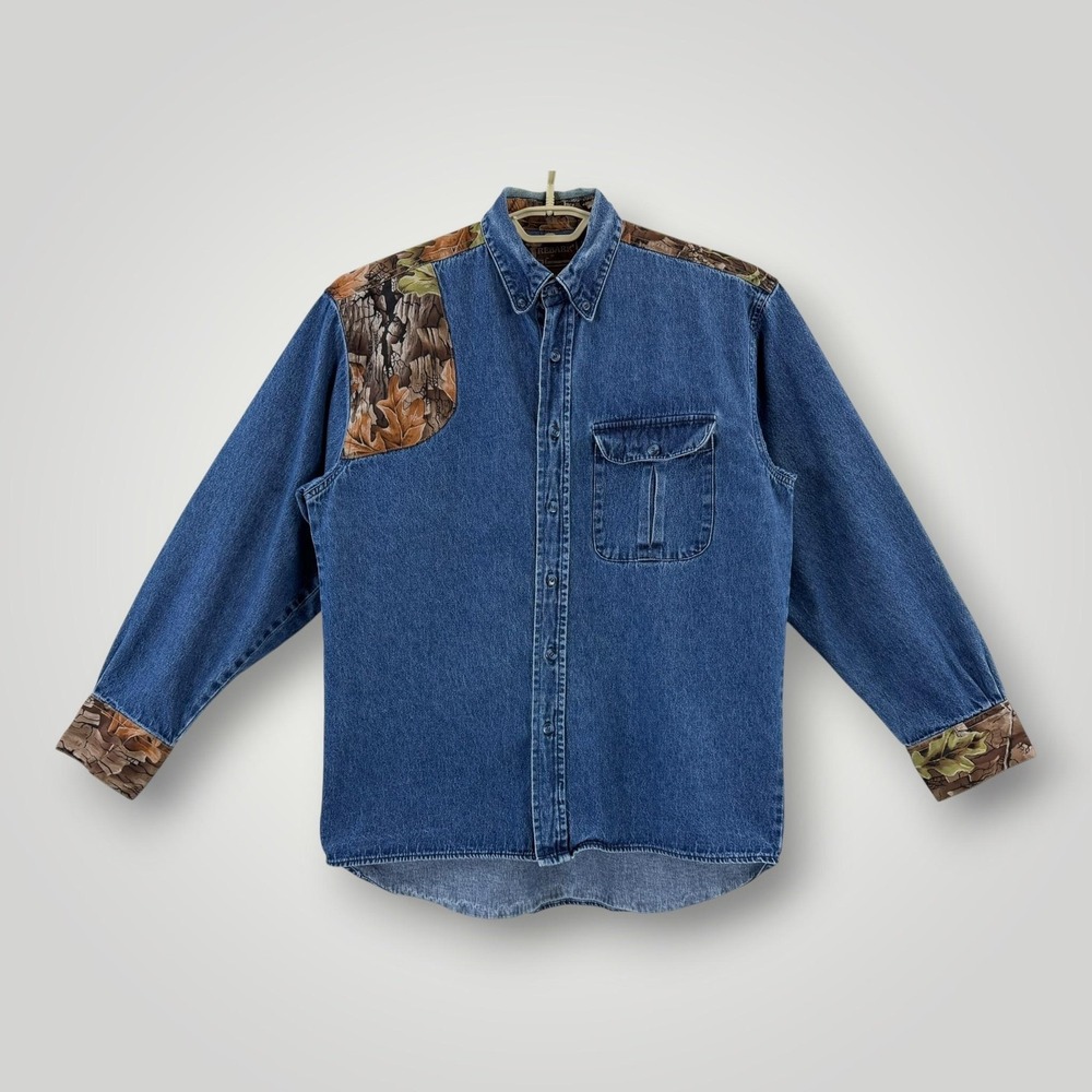 Trebark Denim Hunting Shirt Mens M Blue Camo Button Down Outdoor Cotton